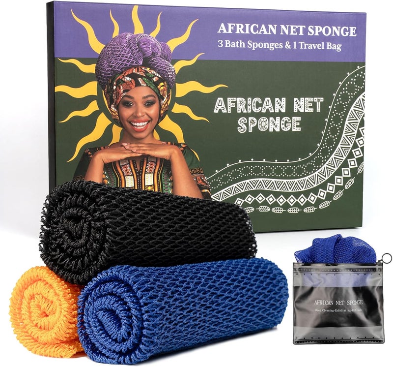 Bathway African Net Sponge Authentic 3 Pieces with Storage Bag, African Exfoliating Net Sponge Washcloth, Exfoliating Body Scrubber Bath Sponge Bathing Accessories (Blue & Black & Golden) - Image 1